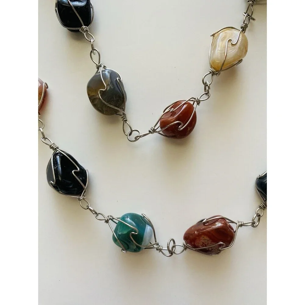 Vintage 33 Inch Artisan Wire-Wrapped Gemstone Cage Necklace Boho Festival Earthy